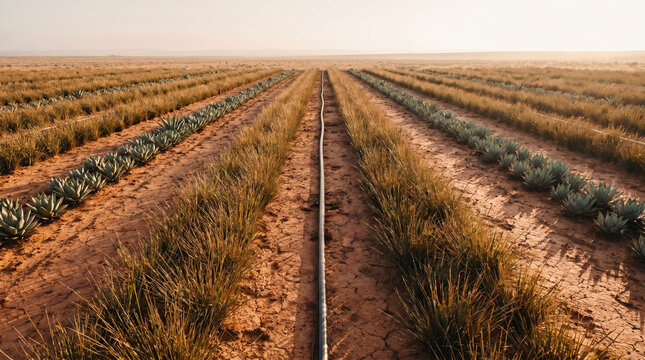Rows of deep-rooted native grasses and drought-tolerant succulents planted in precise alternating bands across cracked terracotta earth, an 3