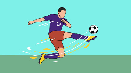 Obraz premium Soccer player kicking ball in mid-air, energetic cartoon illustration