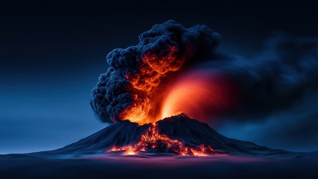 Intense volcanic eruption illuminates the dark night sky with glowing lava flows and towering ash plumes