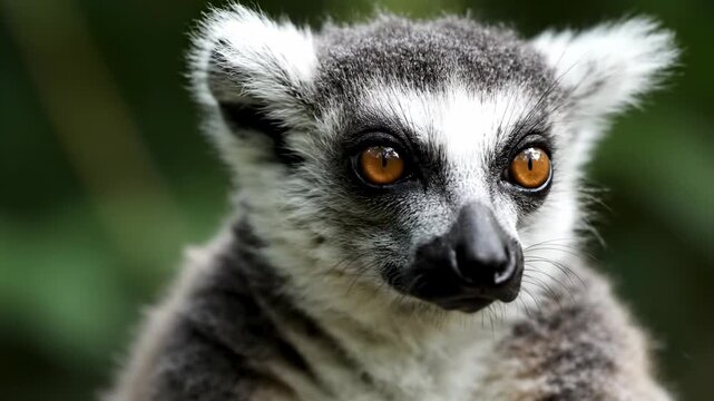 Close-up of a lemur with captivating amber eyes against blurred green