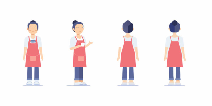woman in apron character design shown in multiple views on white background