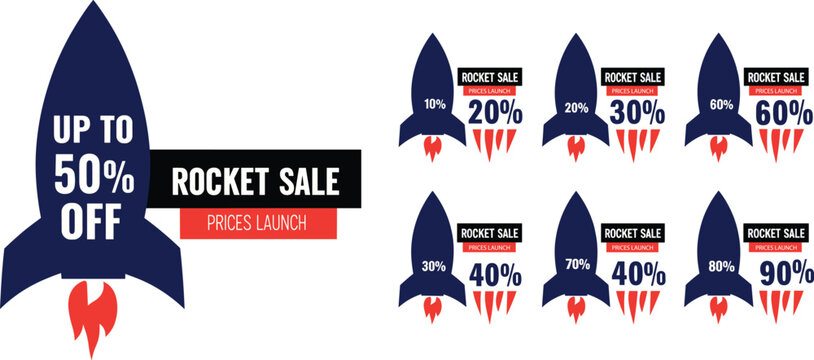 Rocket sale bundle set with various discount percentages for retail price launch ads