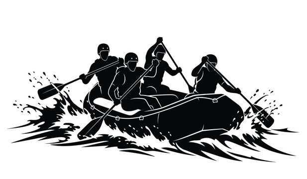 rafting team silhouette with oars and splashes black and white vector illustration on a transparent background high quality professional detailed modern elegant stylish clean