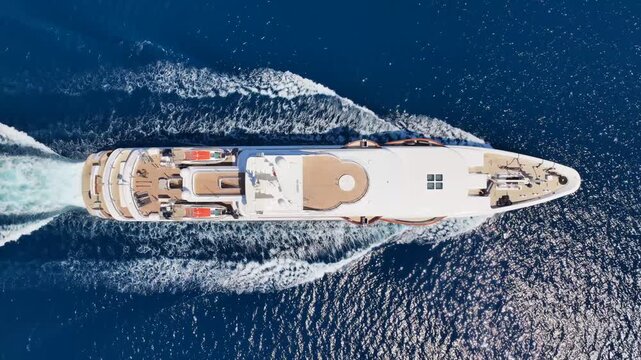 Aerial drone top down cinematic tracking video of beautiful modern super yacht with wooden deck cruising in high speed in Aegean deep blue sea