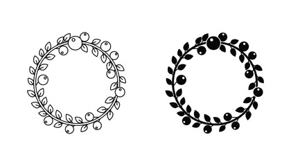 Decorative berry branch wreath icon in thin line and solid black styles for organic and nature themed graphic design © Compound