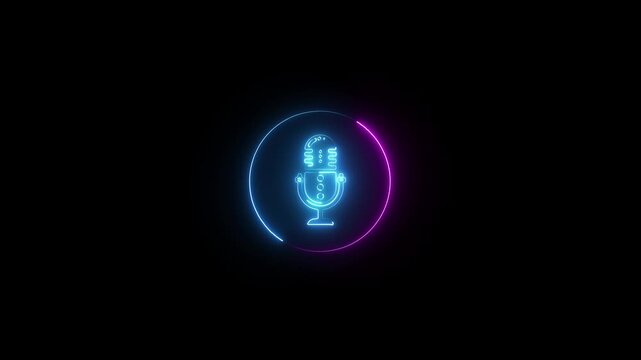 glowing neon blue color animated microphone button icon on black, Voice recording icon podcast mic microphone neon line animation