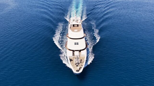Aerial drone tracking video of beautiful modern super yacht with wooden deck cruising in low speed deep blue Mediterranean sea