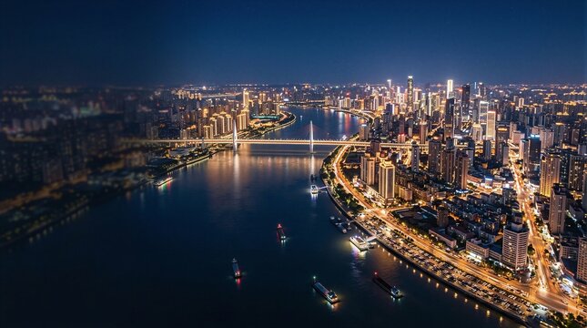 An aerial view of a city skyline at night.