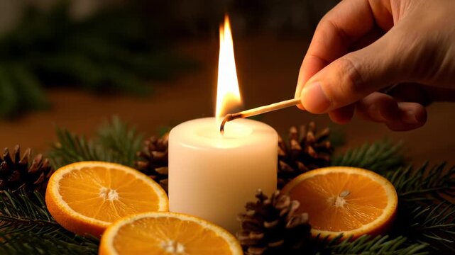 Close-up of candle lit with match surrounded by pine needles and citrus