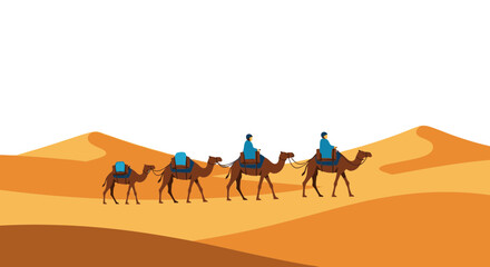 Fototapeta premium Camel caravan illustration in desert landscape with copy space