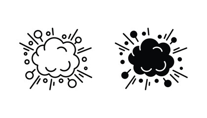 Explosion cloud icon set featuring dynamic comic book style burst symbols in both outline and solid black vector formats for action design elements © Compound