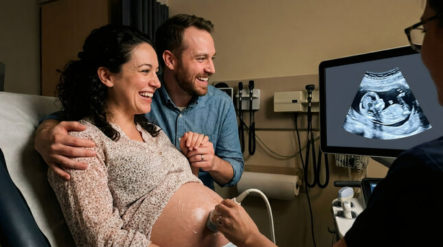 Pregnant woman and man watching ultrasound scan of fetus. Happy couple looking at screen during prenatal checkup with sonographer in clinic. Medical pregnancy examination and care concept.
