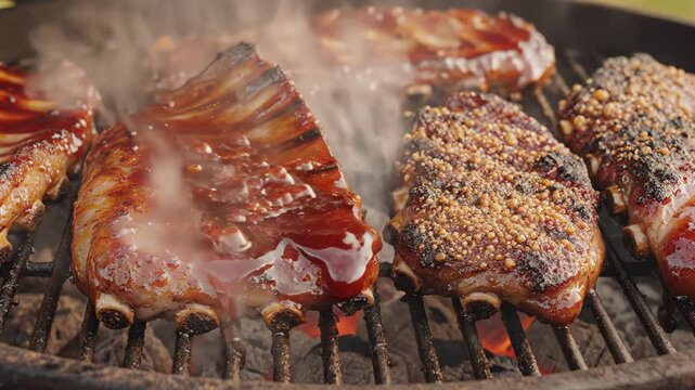Ribs cook on grill with glaze and seasoning. Smoke rises from meat in outdoor kitchen. Clear view of grill setting. Concept of food industry, BBQ restaurant, catering service