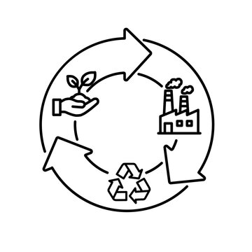 Circular economy process icon with recycling arrows industry and plant minimal line vector