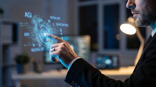 Businessman interacting with a futuristic digital interface showing AI neural networks quantum data and ADS