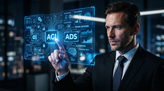 Businessman interacting with a holographic display showing AGI and ADS interface with data streams and algorithms