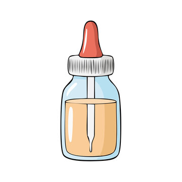 Clear glass dropper bottle with orange liquid and red cap for dispensing medicine or serum