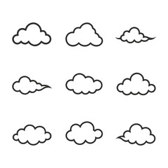 Obraz premium Set of nine simple cloud with dark outlines and white fills on a plain white background