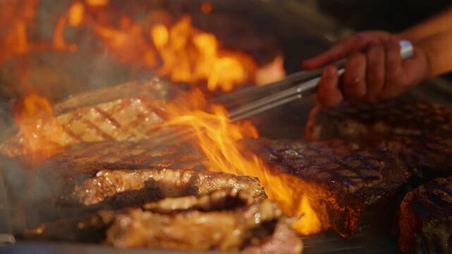 Premium steaks sizzle on a professional grill in an exclusive high-end restaurant as flames rise dramatically around the meat. Chef uses metal tongs to flip the perfectly seared cuts in slow motion.