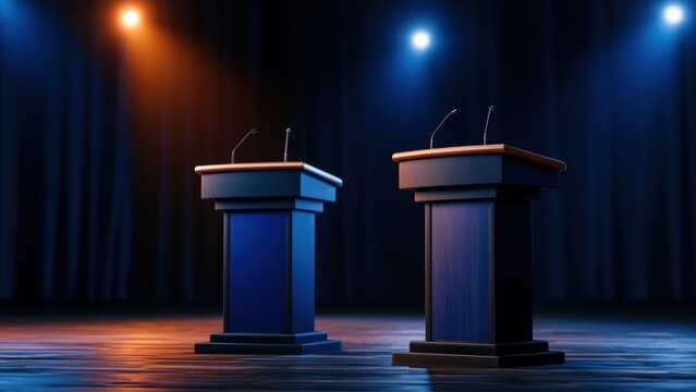 Dynamic stage with two debate podiums under contrasting spotlights, symbolizing political discourse and important decisions