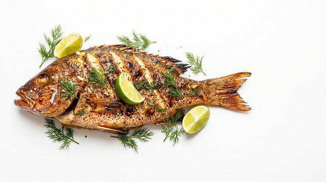 Roasted whole red snapper fish garnished with fresh dill and lime wedges on a pure white background with copy space for text