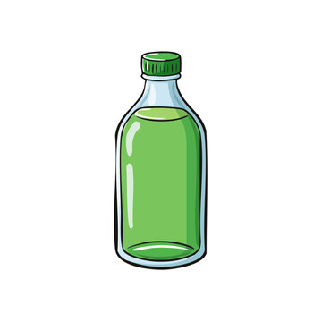 Cartoon glass bottle filled with vibrant green liquid and a green cap isolated on white