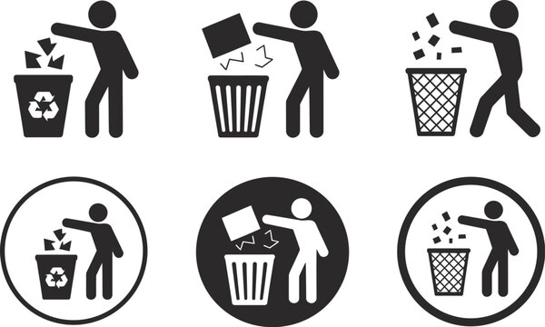 Set of black trash man icons vector silhouettes including people throwing garbage into recycling bins and waste baskets for cleaning.