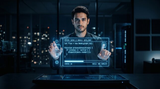 Man interacting with holographic code interface displaying programming data and deployment progress