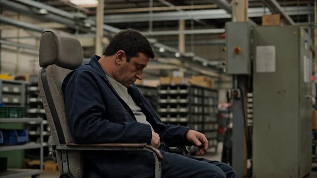 Factory worker falls asleep briefly in a chair during a break, illustrating exhaustion, industrial work environment, and human fatigue.