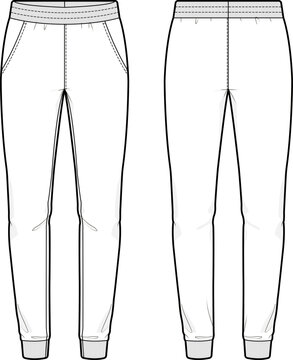 Technical flat sketch of jogger pants, front and back view with elastic waistband, side pockets, and ribbed cuffs. Clean vector outline isolated on white background for apparel design and tech pack.