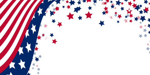 4th july USA Independence day Memorial Day Isolated transparent background Copy space Stars and stripes United States of America Patriotic template Falling confetti stars Wide format greeting card © Іванна Поліщук