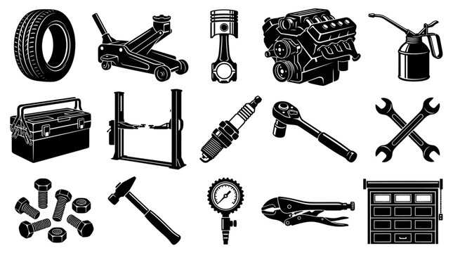 Automotive Car Repair Tools and Parts Glyph Icons Set. Mechanic Garage Equipment Black and White Vector Illustration for Auto Service.