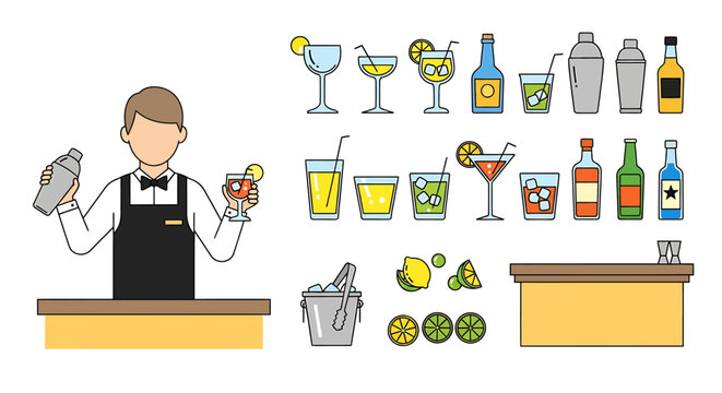 Professional bartender character with bar counter and set of alcoholic cocktails and bar tools.