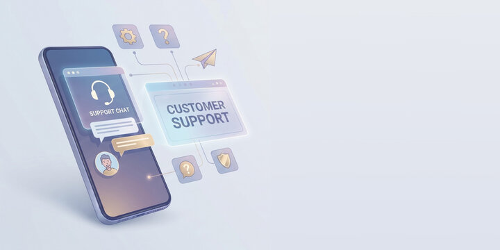 Online Customer Support and Live Chat Concept with 3D Smartphone Interface and Support Icons for Website Hero Banner