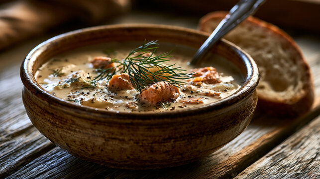Delicious creamy salmon and vegetable soup with fresh dill served in a rustic bowl with bread