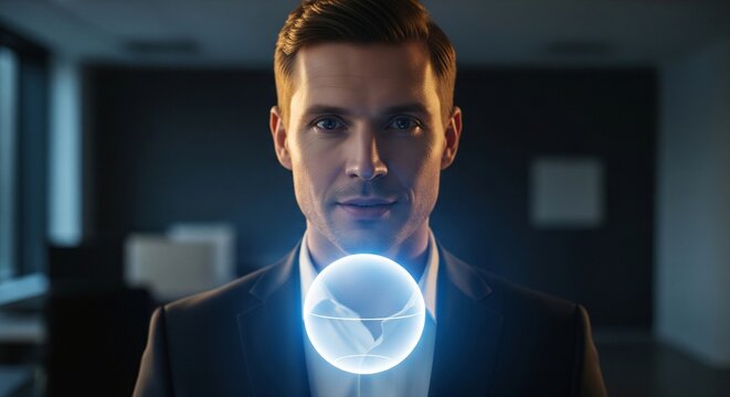 Professional man in suit holds glowing orb modern office background 40