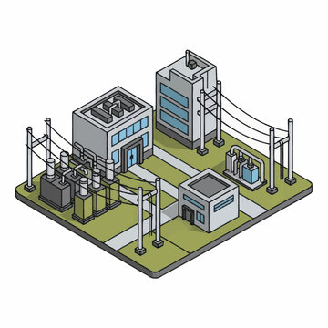 Modern electrical substation with transformers and power lines.