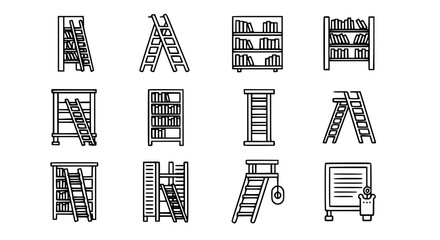 Warehouse storage shelving and ladder vector icon set featuring industrial racks bookshelves and stepladders for inventory management logistics and library organization concepts. © Sujon Shah