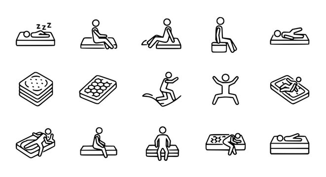 Mattress comfort and sleeping postures vector icon set featuring people sitting, lying down, and jumping on bed for orthopedic health, sleep quality, and furniture marketing concepts.