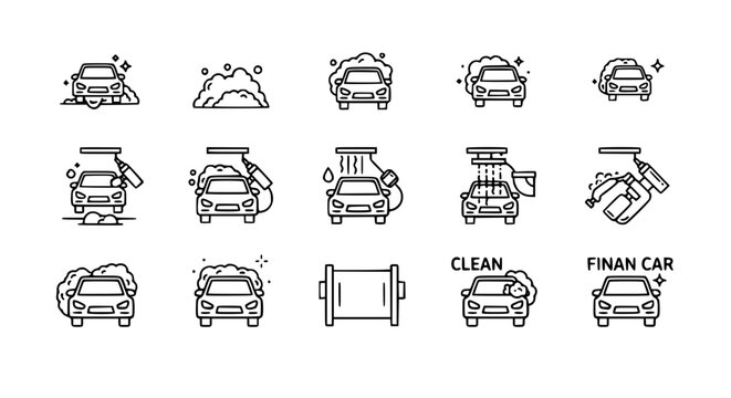 Complete car wash service and professional auto detailing vector icon set featuring automatic washing station foam bubbles and shiny clean vehicles for automotive business.