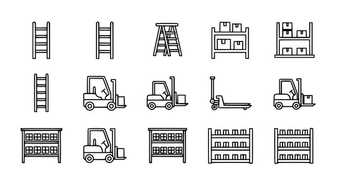 Industrial warehouse logistics and heavy equipment vector icon set including forklift pallet jack ladders and storage shelving for inventory management and distribution services.