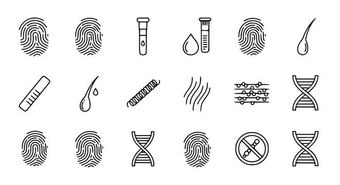 Forensic science and DNA investigation vector icon set featuring fingerprints test tubes blood drops hair samples and genetic symbols for criminology laboratory and medical research concepts.