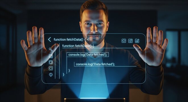 Man interacting with futuristic holographic interface displaying code glowing blue light