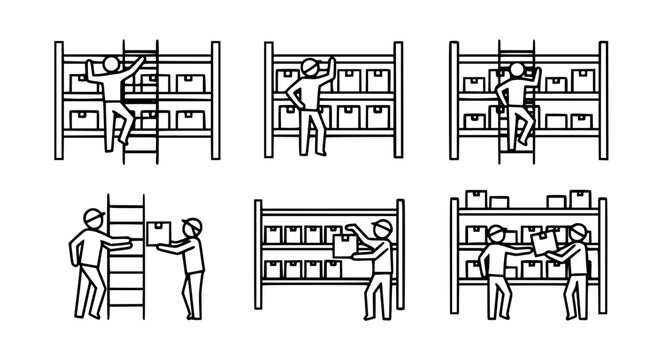 Warehouse workers and logistics management vector icon set featuring staff organizing boxes on tall shelves using ladders for storage distribution and inventory control in industrial workplace.
