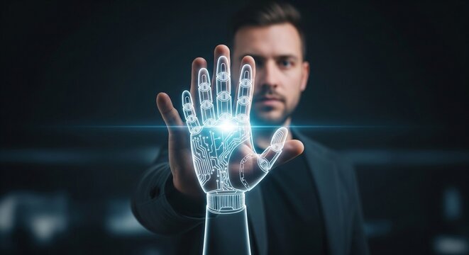 Man's hand projecting a glowing futuristic digital circuit cyborg glove interface