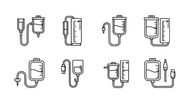 Medical IV drip and intravenous infusion bag vector icon set featuring saline solution blood bags and fluid therapy equipment for hospital healthcare treatment and emergency clinical services.