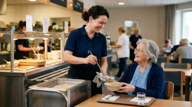 Woman server serving soup to a senior woman in a nursing home canteen. Caregiver assisting elderly resident with lunch. Healthcare facility dining service and social support concept.