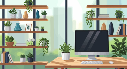 Obraz premium Modern Home Office with Plants, Computer, and Shelves