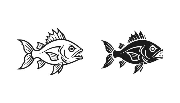 Aggressive predatory fish silhouette illustration for fishing logo and sport emblem design in black and white