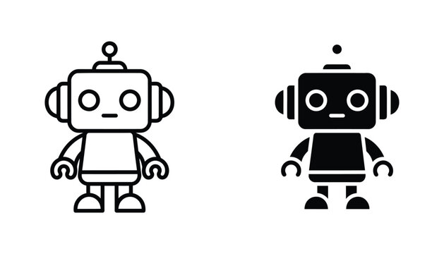 Friendly retro robot character icon in simple outline and solid black vector silhouette style for technology branding and geek culture design